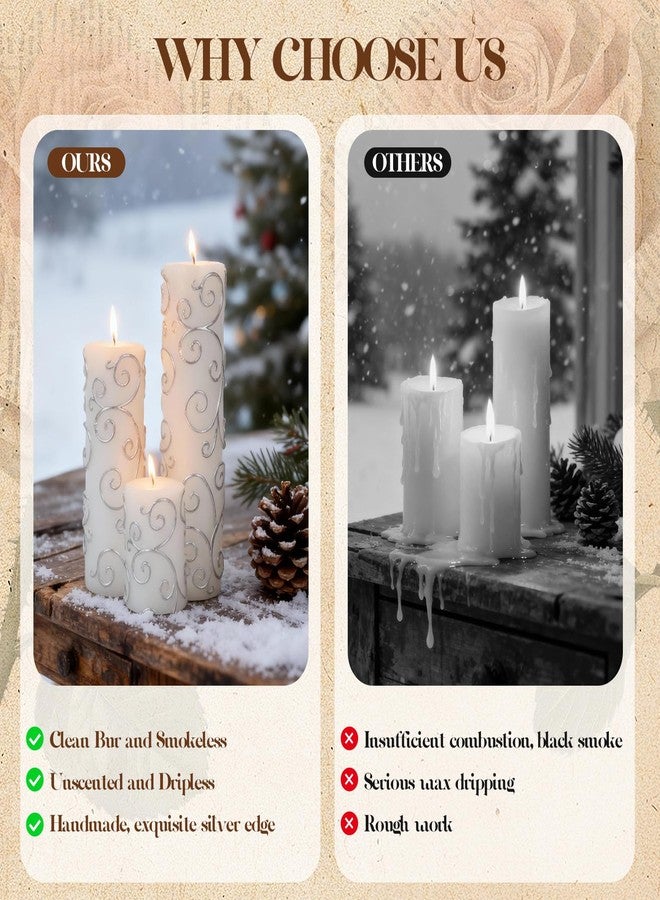 Veiuwa 6-Pack White Pillar Candles with Embossed Silver Patterns for Home Decor & Cozy Ambiance, Vintage White Candles (2x3/6/8 Inch), Dripless Smokeless Clean-Burning for Table, Mantel, Holidays - Image 4